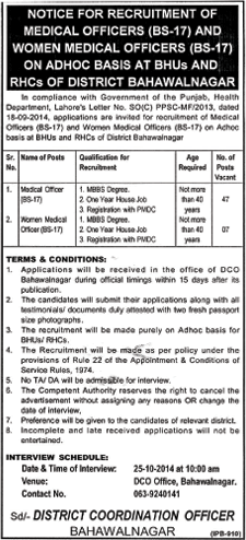 Health Department Bahawalnagar Jobs 2014 October Women / Medical Officers