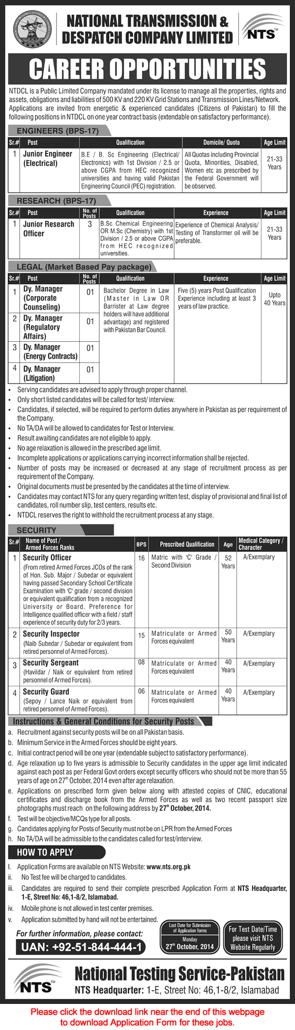 NTDC Jobs 2014 October NTS Latest Advertisement