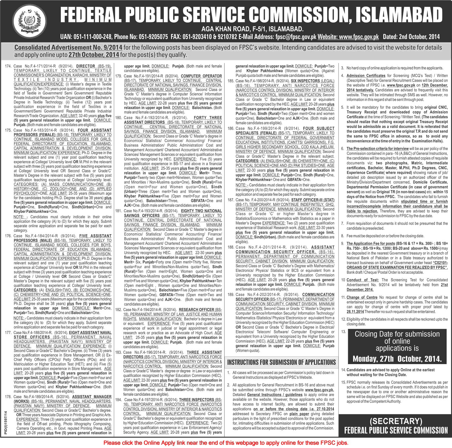 FPSC Jobs October 2014 Consolidated Advertisement No 9/2014 09/2014