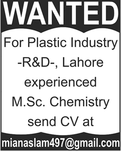 M.Sc. Chemistry Jobs in Lahore 2014 October Pakistan for R&D in Plastic Industry