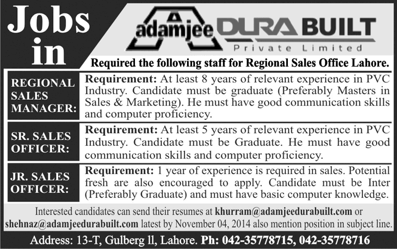 Regional Sales Manager & Sales Officer Jobs in Lahore 2014 October Latest / New at Adamjee Dura Built