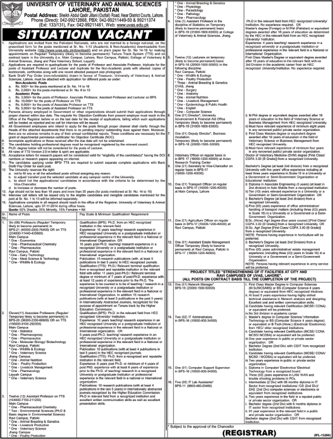 UVAS Jobs 2014 October University of Veterinary & Animal Science