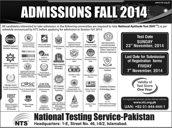 NTS NAT Test November 2014 Application Form for Admissions Fall