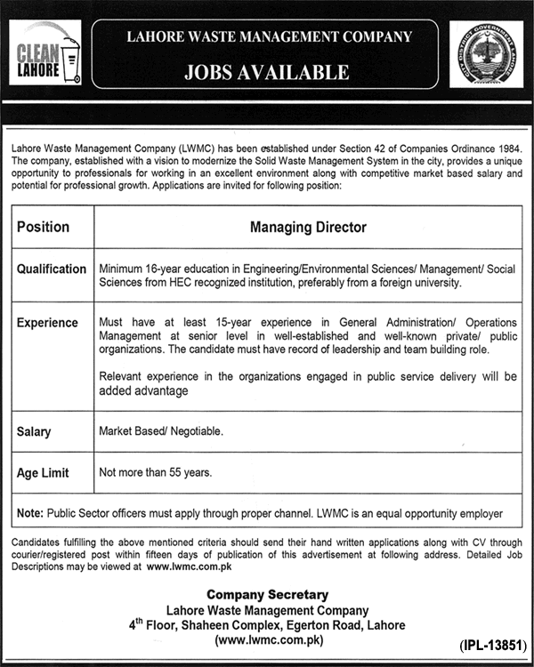 Managing Director Jobs in Lahore October / November 2014 at LWMC