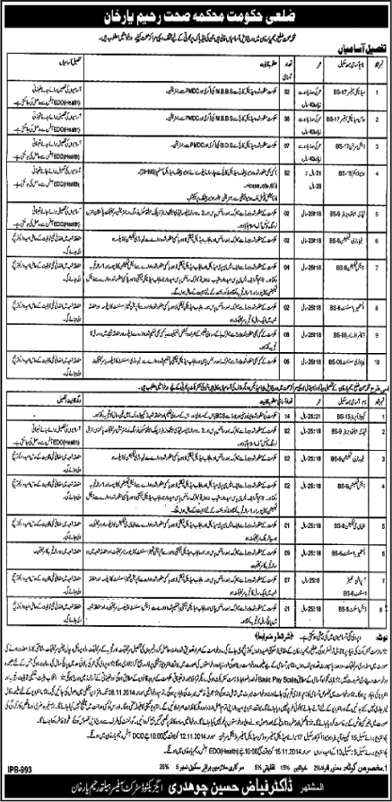 Health Department Rahim Yar Khan Jobs 2014 October / November Medical Officers, Paramedics & Admin Staff