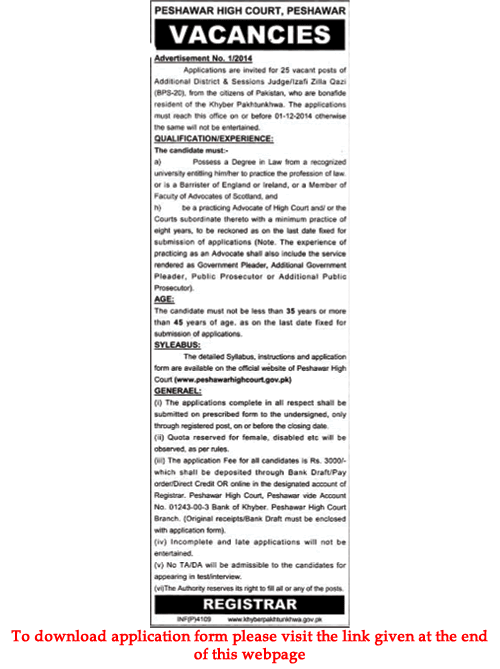 Peshawar High Court Jobs 2014 November District & Session Judges Application Form