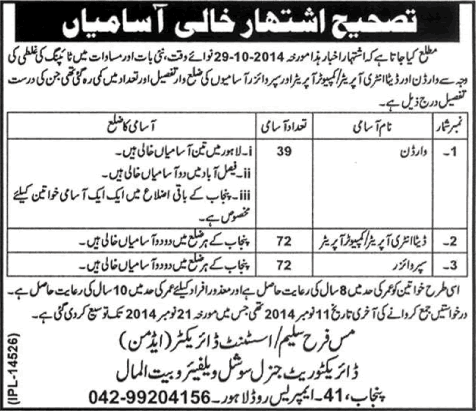 Corrigendum: Social Welfare and Bait-ul-Mal Department Punjab Jobs 2014 November