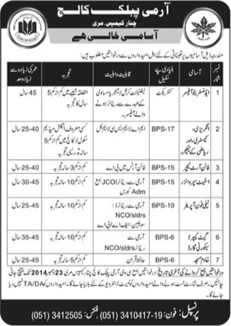 Army Public College Murree Jobs 2014 December Lecturers, Teacher & Admin Staff in Chinar Campus