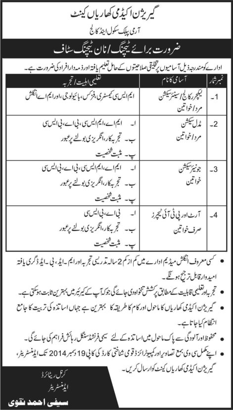 Garrison Academy Kharian Cantt Jobs 2014 December Teaching & Non-Teaching Staff Army Public School & College