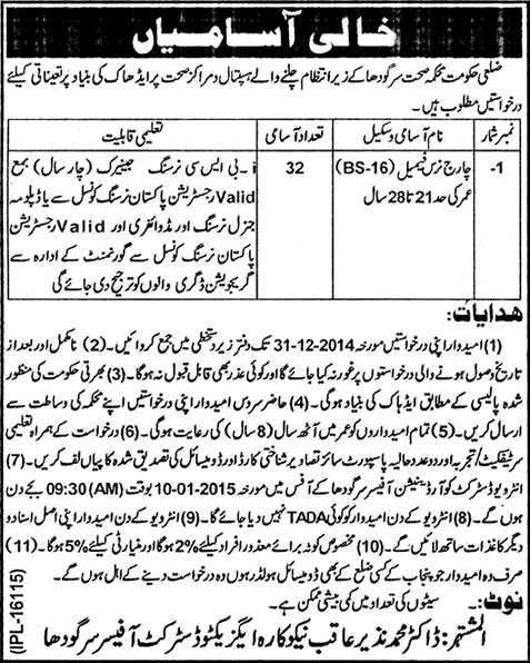 Health Department Sargodha Jobs 2014 December Charge Nurses (Female) Latest / New Advertisement