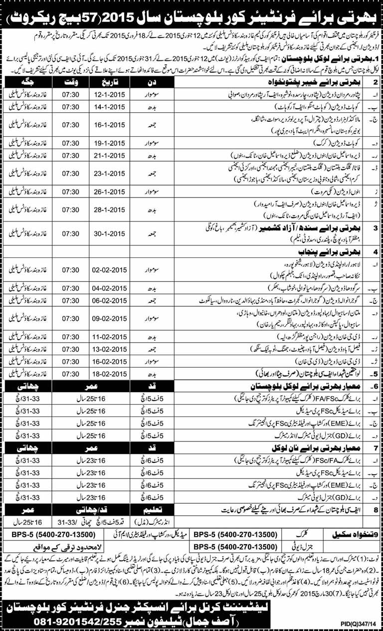 Frontier Corps Balochistan Jobs 2014 December 57 Batch Recruit Latest