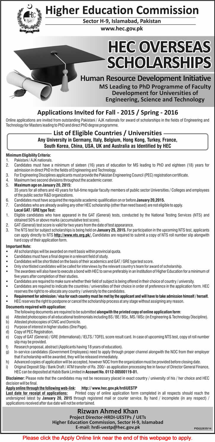 HEC Overseas Scholarships 2015 - 2016 NTS Application Form Online