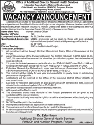 Women Medical Officer Jobs in IRMNCH and Nutrition Program Punjab Jobs 2015