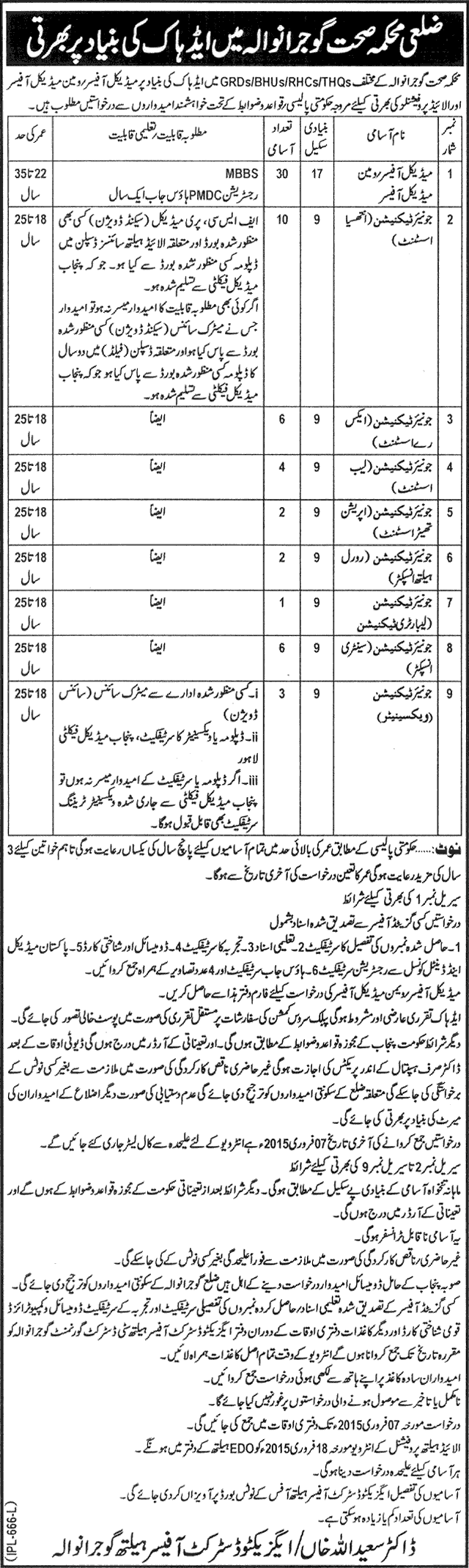 Health Department Gujranwala Jobs 2015 Medical Officers & Junior Technicians