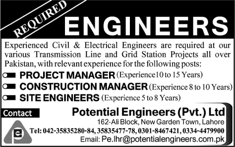 Civil / Electrical Engineering Jobs in Pakistan 2015 at Potential Engineers (Pvt.) Ltd