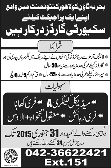 Security Guard Jobs in Lahore 2015 for Bahria Town Project