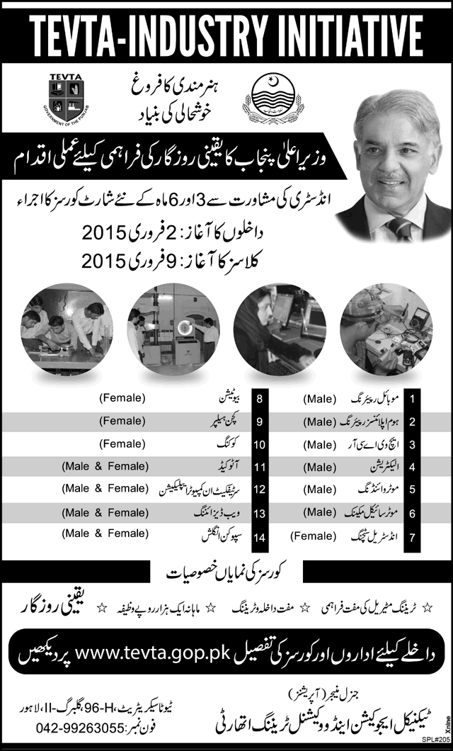 TEVTA Free Short Courses in Lahore 2015 TEVTA Industry Initiative Latest