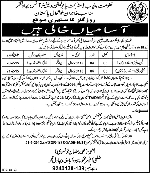 District Population Welfare Office Bahawalnagar Jobs 2015 Family Welfare Assistant