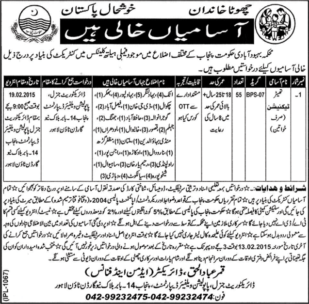 Population Welfare Department Punjab Jobs 2015 for OT Technicians in Family Health Clinics