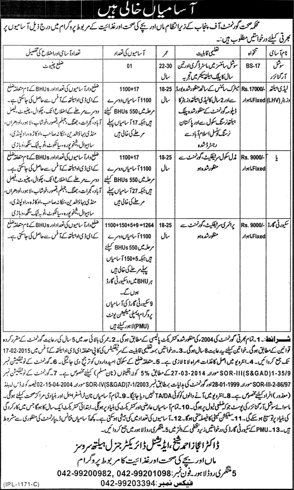 Health Department Punjab Jobs 2015 Lady Health Visitors, Aya & Security Guards Latest