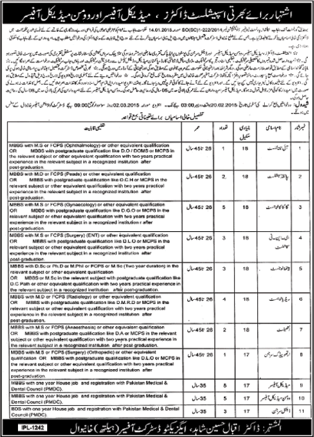 Health Department Khanewal Jobs 2015 Medical Officers / Specialists Latest / New
