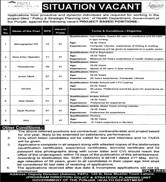 Health Department Punjab Jobs 2015 February in Policy and Strategic Planning Unit