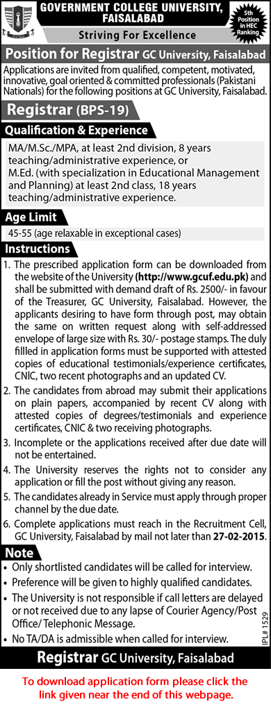 Registrar Jobs in GC University Faisalabad 2015 February Application Form Download Latest