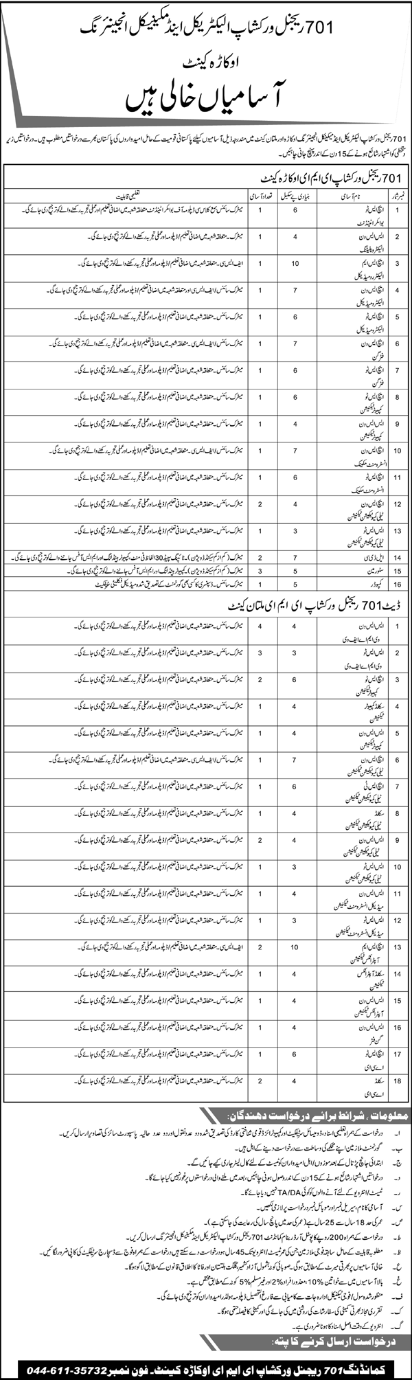 701 Regional Workshop EME Okara / Multan Cantt Jobs 2015 February Civilian in Pakistan Army Latest