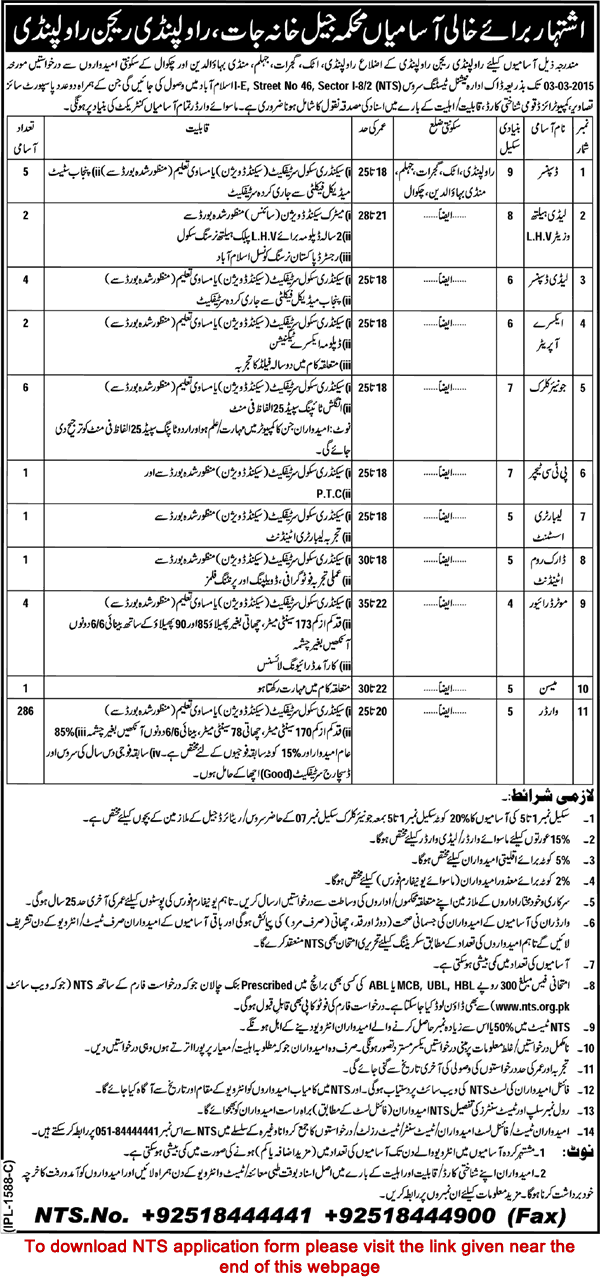 Prison Department Rawalpindi Jobs 2015 February NTS Application Form Warders, Clerks & Others