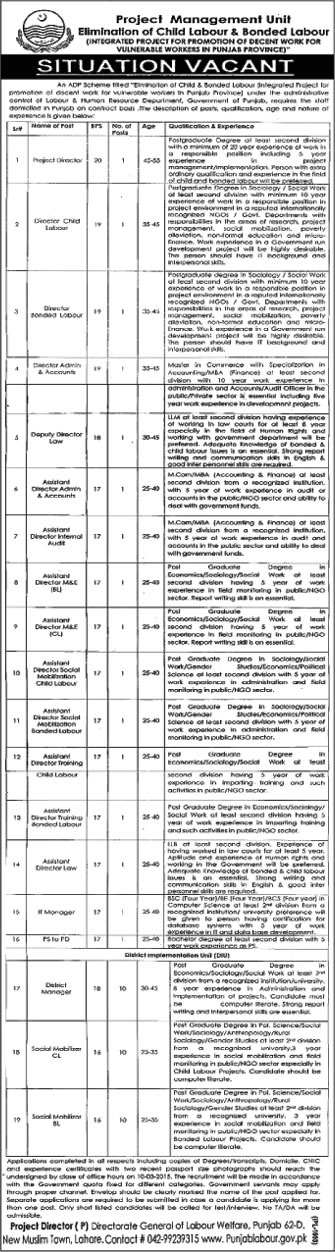 Labour and Human Resource Department Punjab Jobs 2015 February PMU Elimination of Child & Bonded Labour