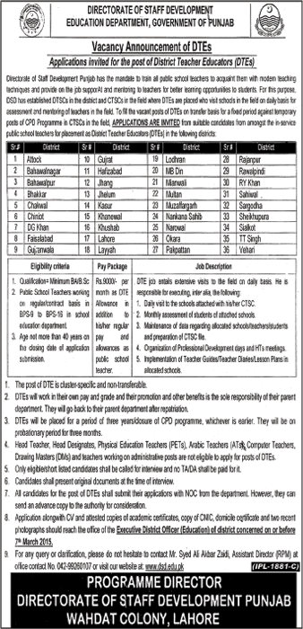 Directorate of Staff Development Punjab Jobs 2015 February District Teacher Educators (DTEs) Latest