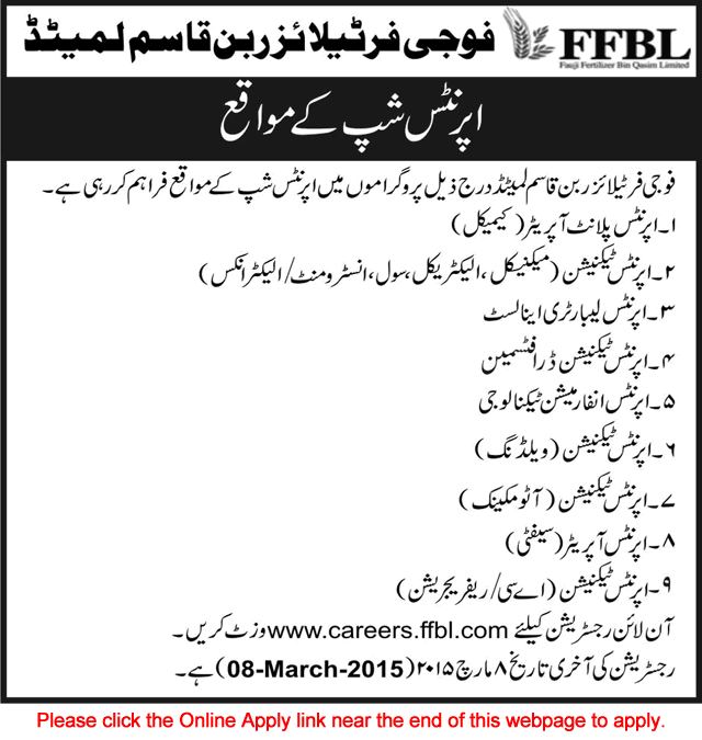 FFBL Apprenticeship 2015 Online Registration / Apply Latest Jobs