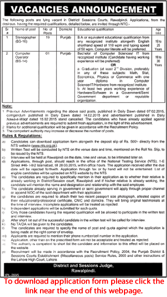District and Session Court Rawalpindi Jobs 2015 March NTS Application Form Stenographers & Computer Operator