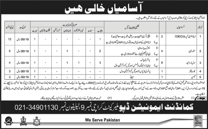 Ammunition Depot Malir Cantt Karachi Jobs 2015 March Driver, DEO, Storeman, Carpenter & Mason