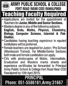 Army Public School and College Rawalpindi Jobs 2015 March / April for Teaching Faculty