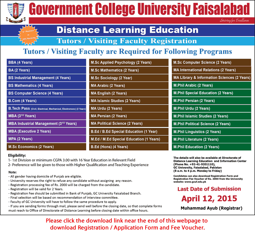 GC University Faisalabad Jobs 2015 April Visiting Faculty Registration Form Download