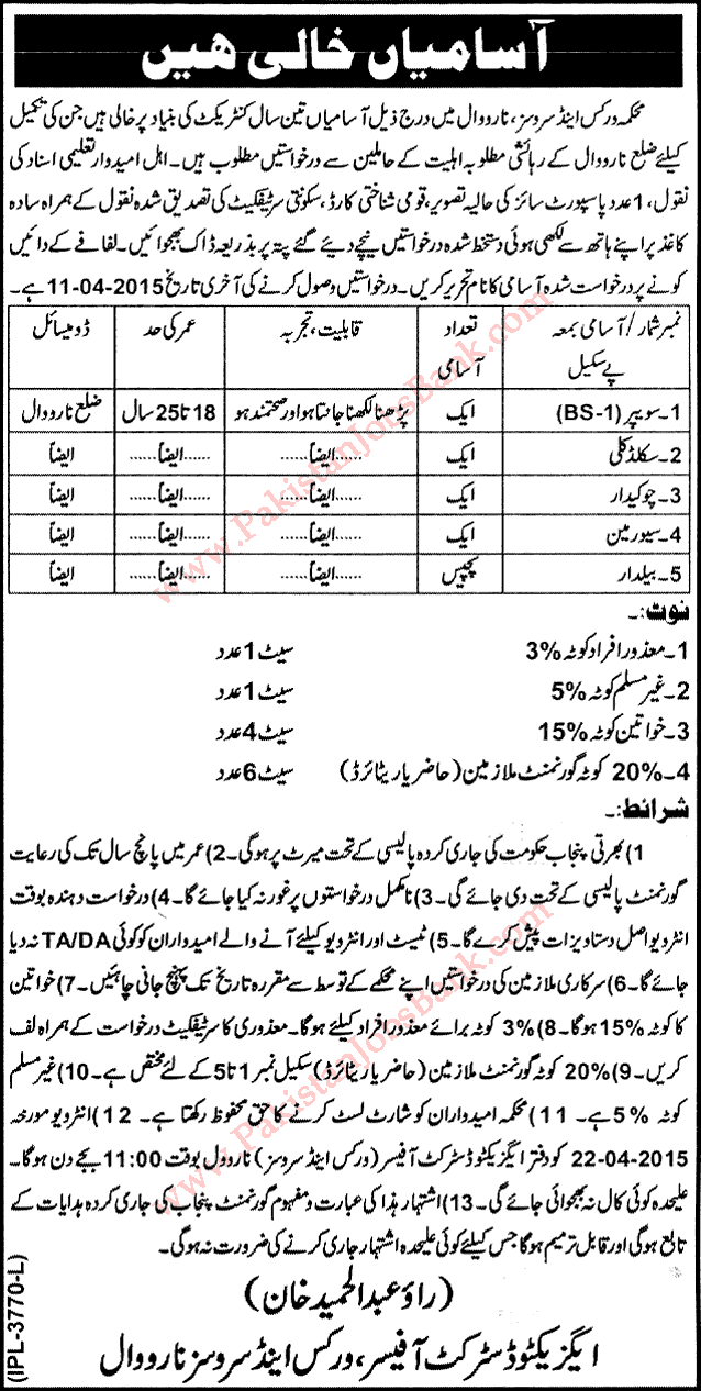 Works and Services Department Narowal Jobs 2015 April Baildar, Chowkidar, Sweeper & Others