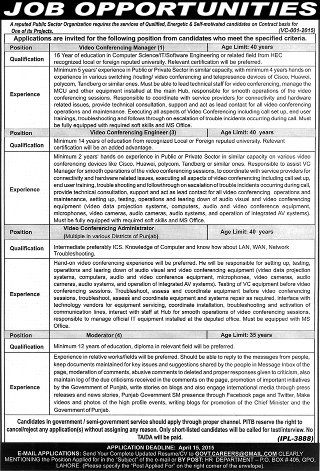 PO Box 405 GPO Lahore Jobs 2015 April Video Conferencing Administrators / Engineers / Moderators PITB