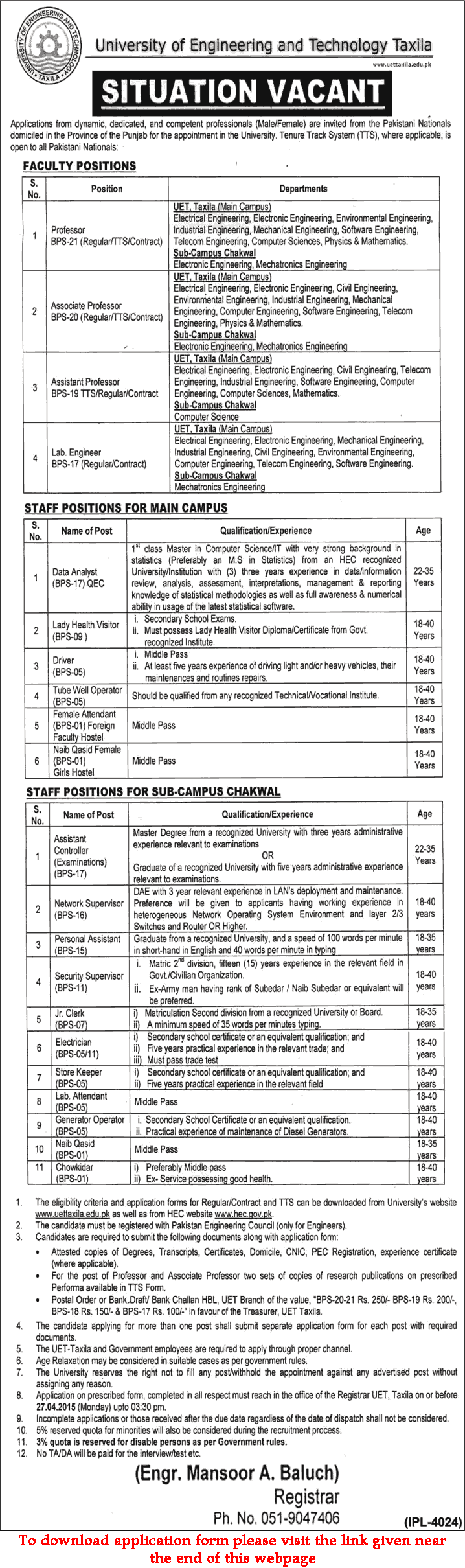 UET Taxila Jobs 2015 April Chakwal Campus Teaching Faculty & Admin Staff Latest