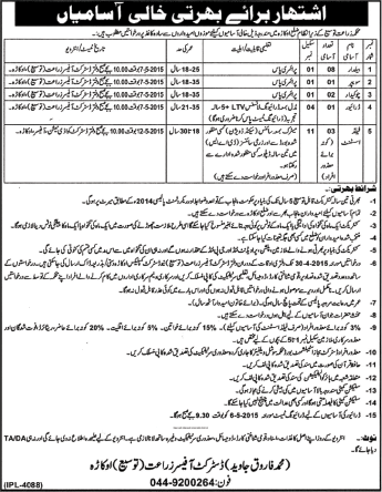 Agriculture Department Okara Jobs 2015 April Field Assistant, Chowkidar, Baildar, Driver & Sweeper