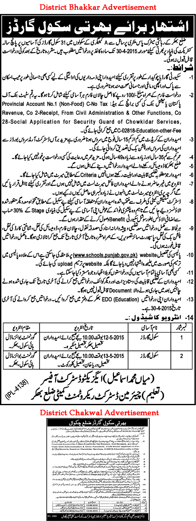 School Guards Jobs in Education Department Bhakkar / Chakwal 2015 April Security Guards Latest