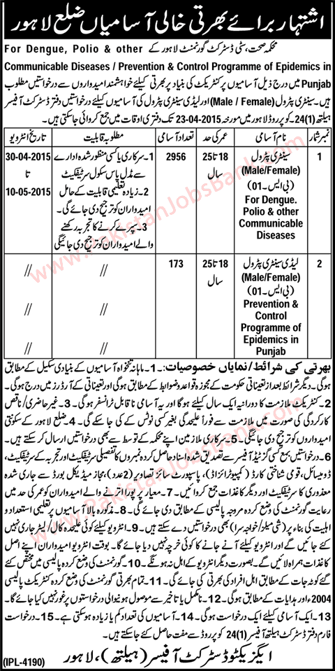Sanitary Patrol Jobs in Health Department Lahore 2015 April City District Government Latest
