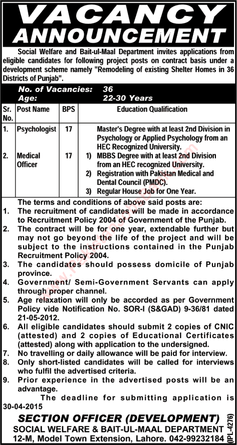 Social Welfare Department Punjab Jobs 2015 April in Lahore for Psychologist & Medical Officers