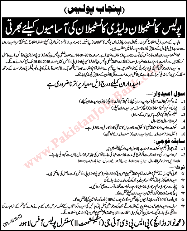 Punjab Police Constable Jobs April 2015 in Rawalpindi / Gujrat / Chakwal Districts Latest