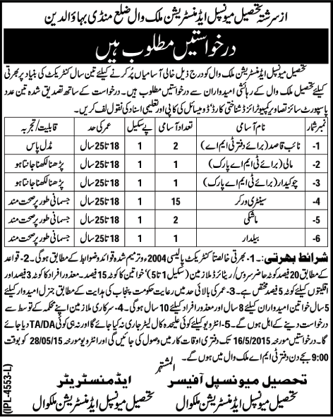 TMA Malakwal Jobs 2015 April for Naib Qasid, Sanitary Workers, Mashki, Mali, Chowkidar & Baildar