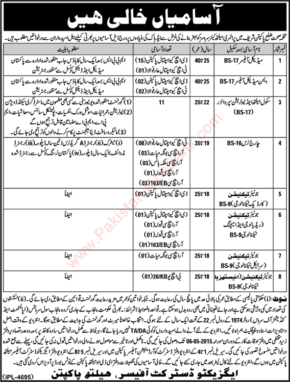 Health Department Pakpattan Jobs 2015 April Medical Officers, Nurses, Junior Technicians and School Health & Nutrition Supervisor