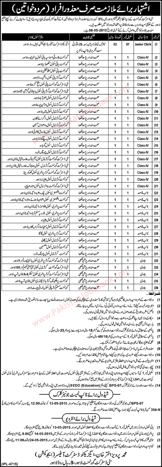 Education Department Lahore Jobs 2015 April Disabled Quota Naib Qasid, Bulavi, Clerk & Class IV