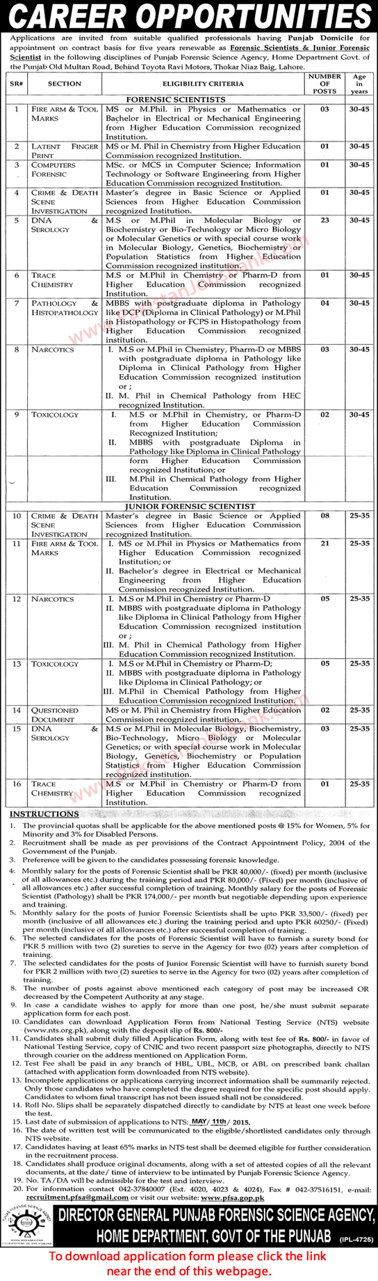 Punjab Forensic Science Agency Lahore Jobs 2015 April NTS Application Form Download Forensic Scientists