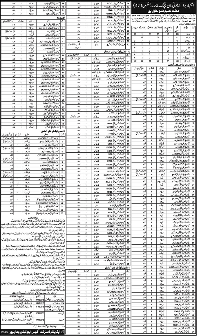 Education Department Bahawalpur Jobs 2015 April Darja Chaharam, Naib Qasid, Lab Attendant & Other Staff