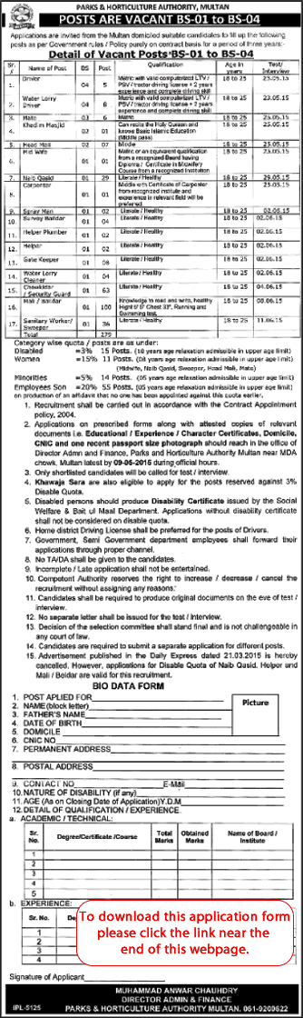 PHA Multan Jobs 2015 April Application Form Download Parks & Horticulture Authority